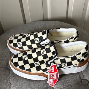 Vans Checkerboard Slip-On Sneakers — Black & Cream with Brown Trim
